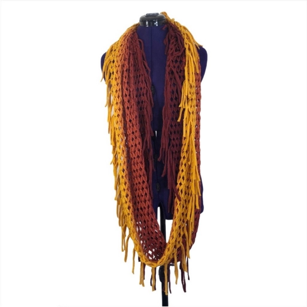 Burgundy Orange Yellow Crochet Knit Fringe Scarf